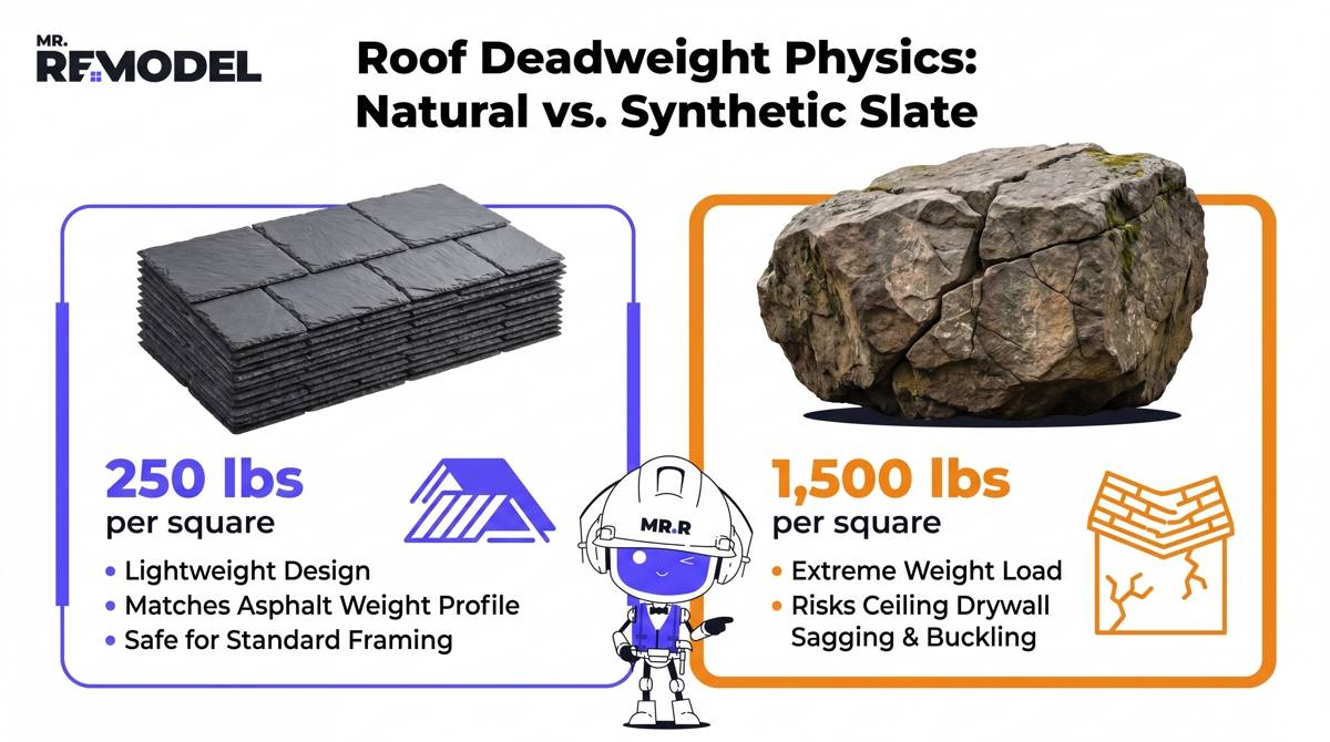 A structural engineering infographic comparing the 250-pound weight of synthetic slate against the 1,500-pound load of natural stone per square.
